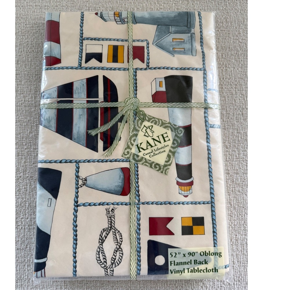 New Kane Flannel Back Vinyl Tablecloth Lighthouse 52x90 Oblong Nautical Coastal